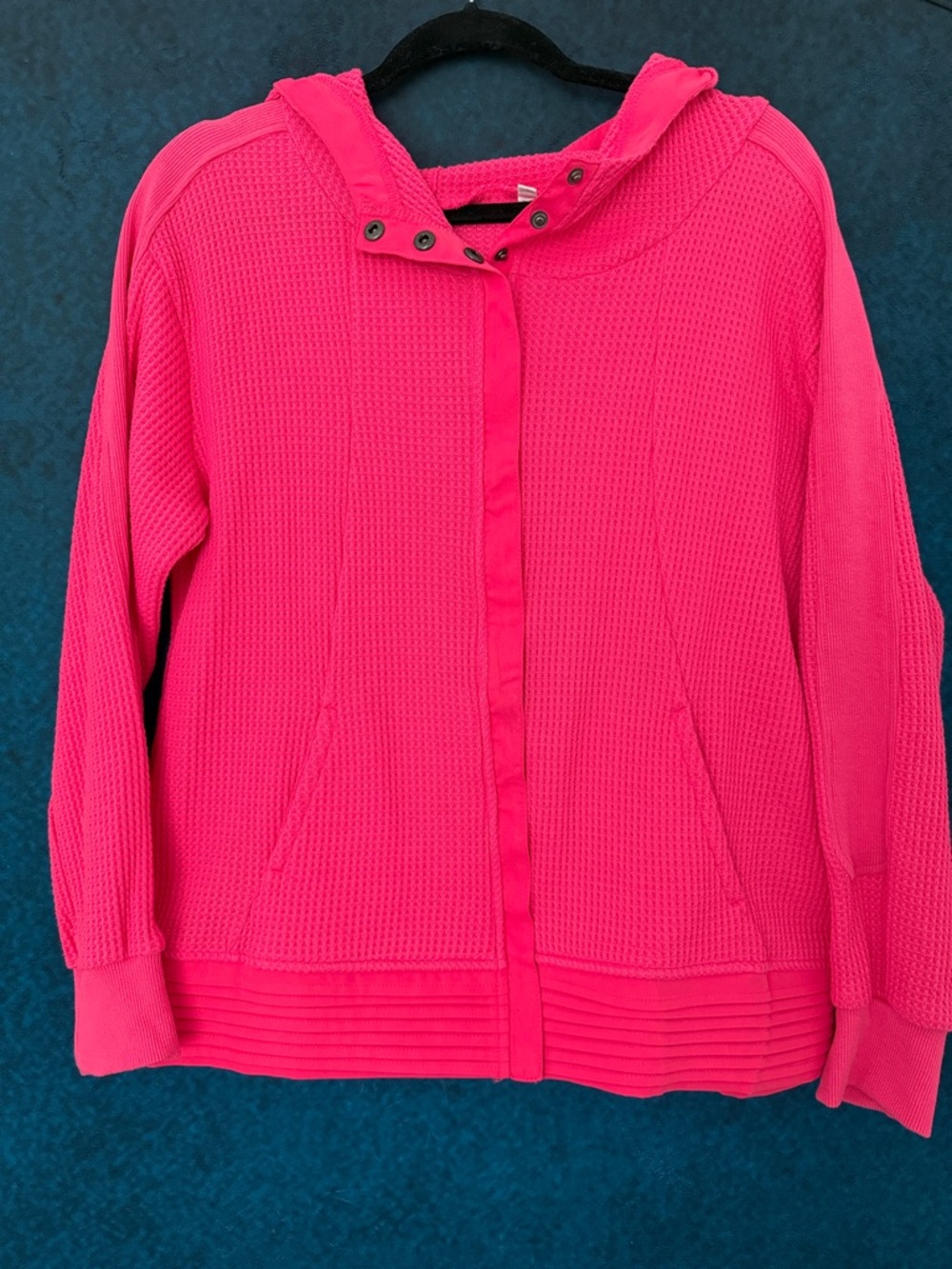 Bright Pink Waffle Knit Hooded Zip Jacket